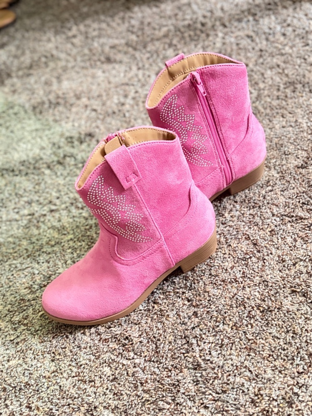 Kids Pink Suede Western Booties with Rhinestone Detail